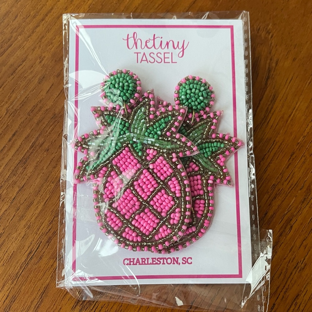 The Tiny Tassel NWT pink green beaded pineapple earrings